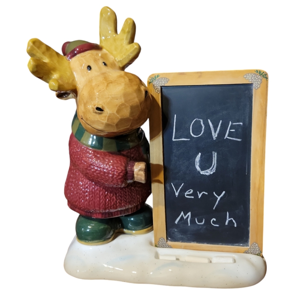 Vtg Heartland St Nicholas Square Christmas Moose Ceramic Chalk Board Figurine